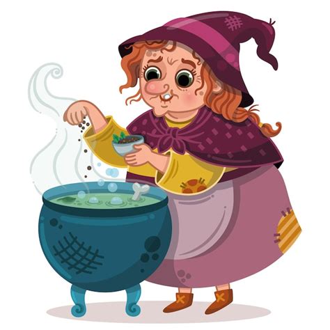 Premium Vector A Witch Cooks A Potion In A Cauldron