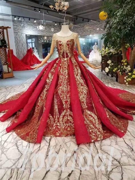 Red And Gold Wedding Dress Illusion Neckline Ball Gown