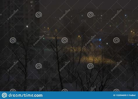 Night Snowy Town with Buildings and Street Light. Winter City Stock ...