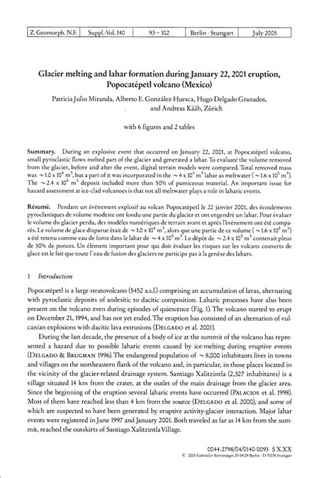 (PDF) Glacier melting and lahar formation during January 22, 2001 eruption, Popocatépetl volcano ...