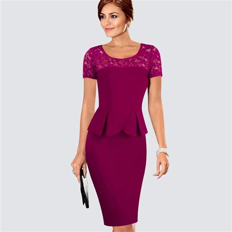 Elegant Women Wear To Work Office Business Peplum Lace Dress Formal