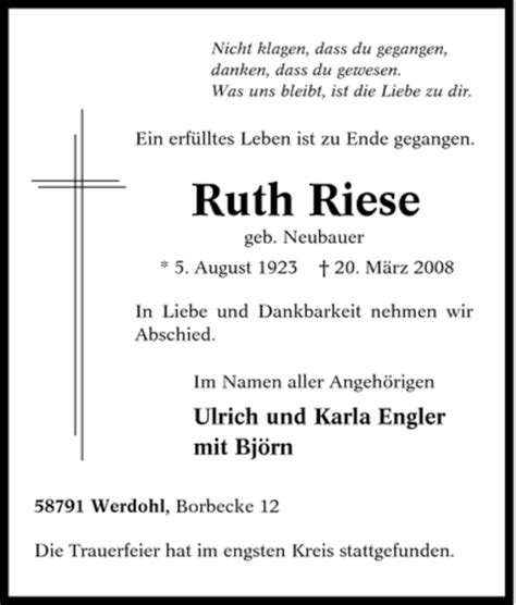 Traueranzeigen Von Ruth Riese Trauer In NRW De