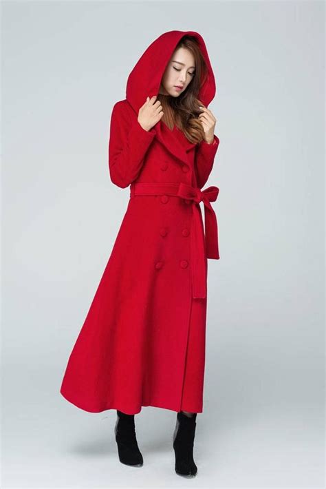 Red Long Wrap Wool Coat Hooded Wool Coat Long Trench Coat Winter