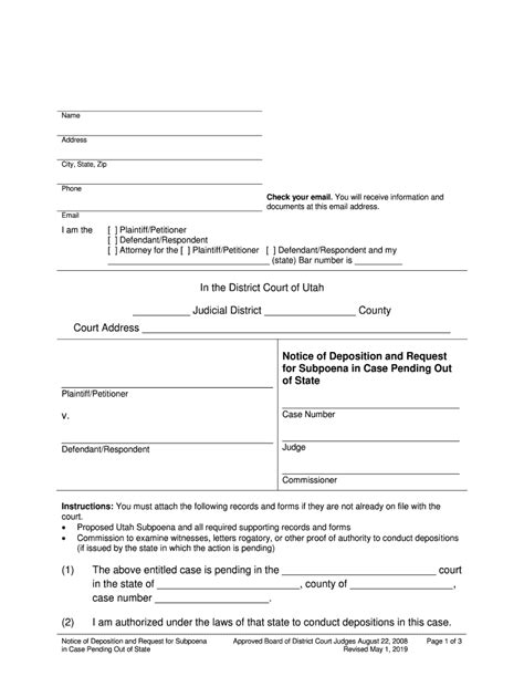 Form Ut Notice Of Deposition And Request For Subpoena In Case