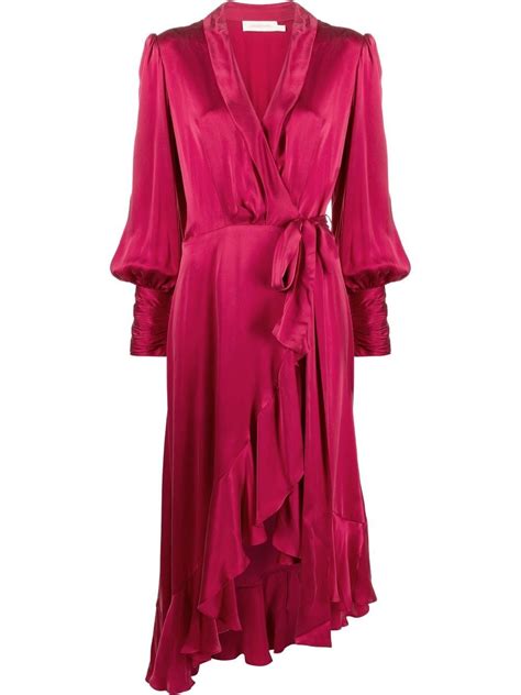 Zimmermann Asymmetric Ruffled Silk Satin Midi Wrap Dress In Pink Modesens