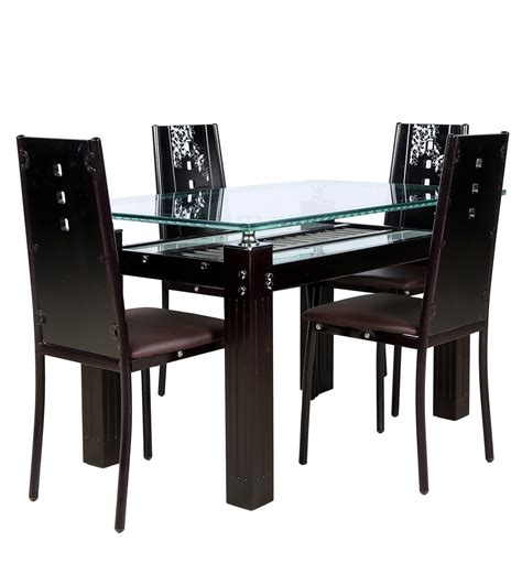 Buy Glass Top With Wooden Base Four Seater Dining Set By Parin Online