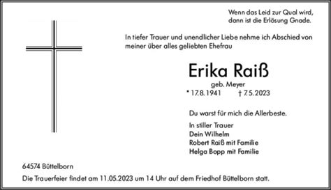 Traueranzeigen von Erika Raiß vrm trauer de