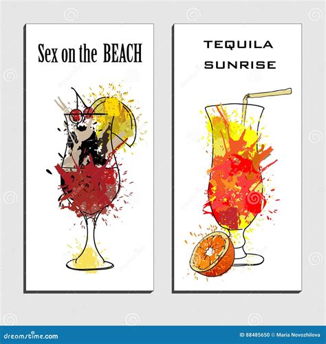 Illustration Of Cocktails Menu Drawing Tequila Sunrise And Sex On The Beach With Orange