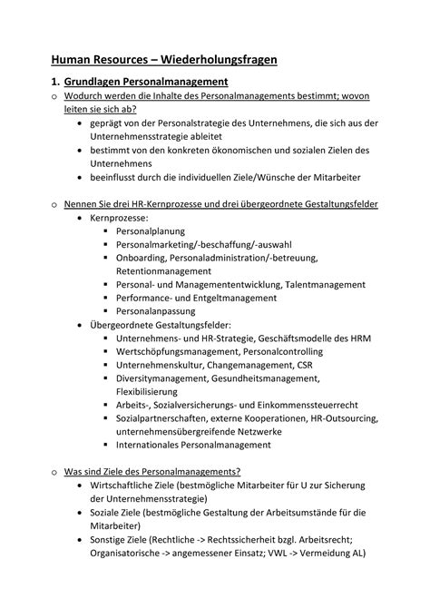 Klausurfragen Aus Dem Kurs Human Resources Human Resources