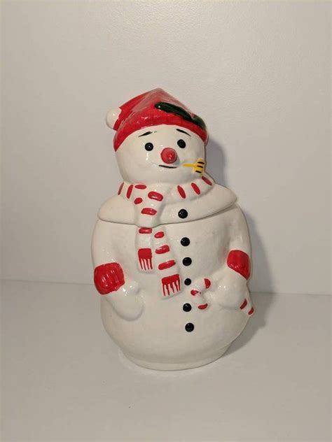 Ceramic Snowman Cookie Jar Vintage Christmas Decor Kitschy Holiday