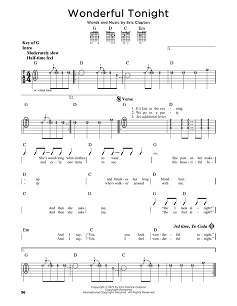 Wonderful Tonight By Eric Clapton Guitar Cheat Sheet Guitar Instructor