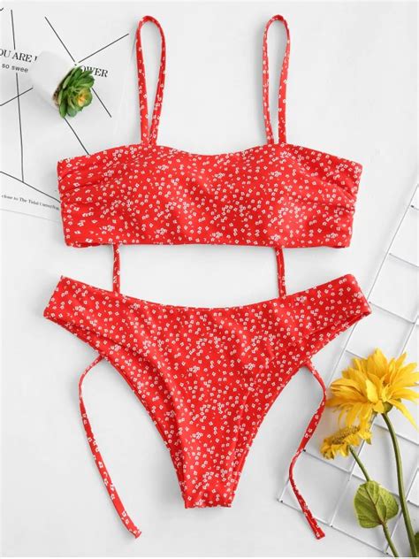 ZAFUL Tie Shoulders Tiny Floral Bikini Set LAVA RED Floral Bikini Set