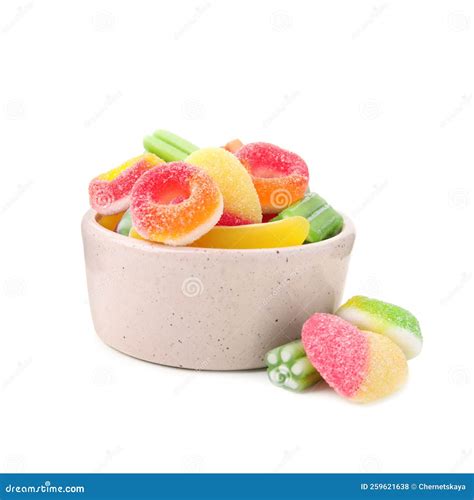 Bowl Of Tasty Colorful Jelly Candies On White Background Stock Photo