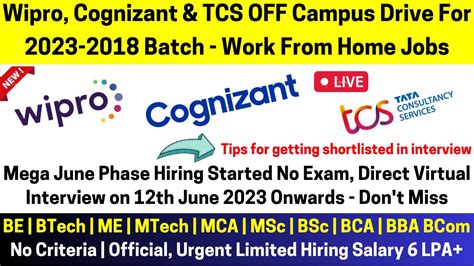 Wipro Cognizant TCS OFF Campus Direct Hiring 2023 2018 Batch New