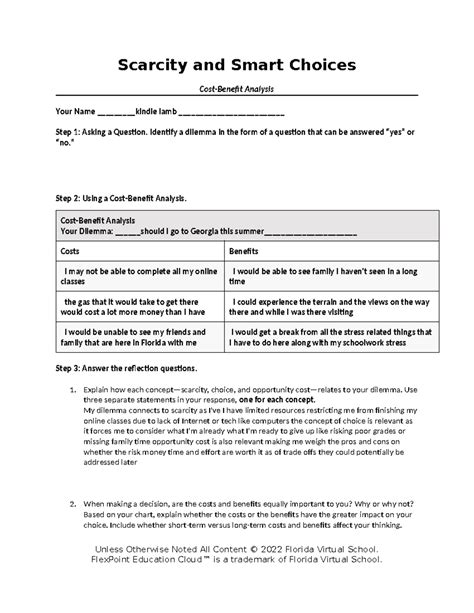 Lesson Demand Scarcity And Smart Choices Cost Benefit Analysis