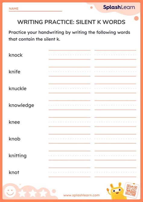 Writing Practice Silent K Words Printable Ela Worksheet