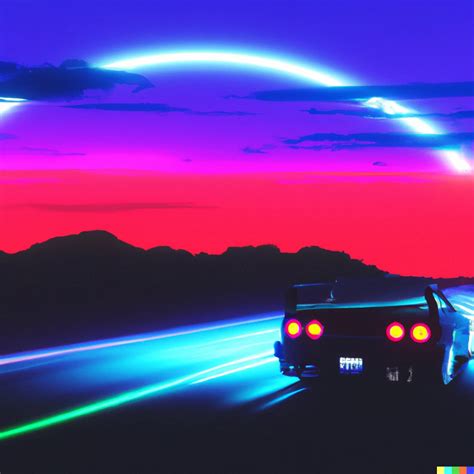 KREA Synthwave Style Sunset With A R34 Nissan Skyline GTR Driving On