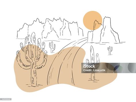 Desert Road Landscape Line Art Vector Illustration Stock Illustration ...