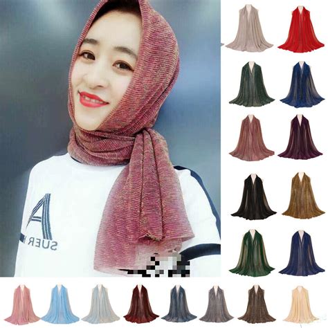 Muslim Women Glitter Hijab Scarf Pleated Long Shawls Crinkled Wrinkle