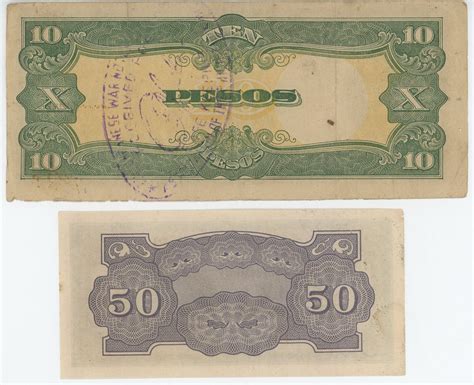 Philippines 50 Centavos 10 Pesos 1942 1943 Nd Japanese Occupation