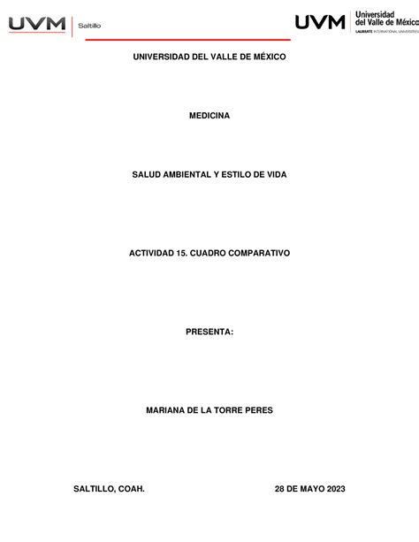 A15 Mdlt Actividad 15 Salud Ambiental Y Estilo De Vida Universidad Del Valle De MÉxico
