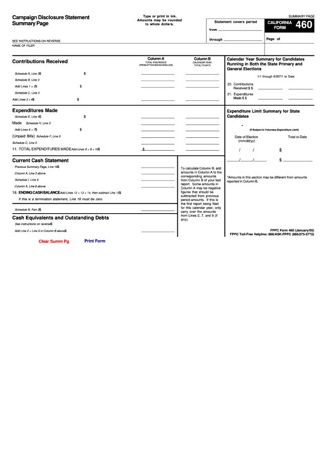 Fillable Form 460 Campaign Disclosure Statement Summary Page