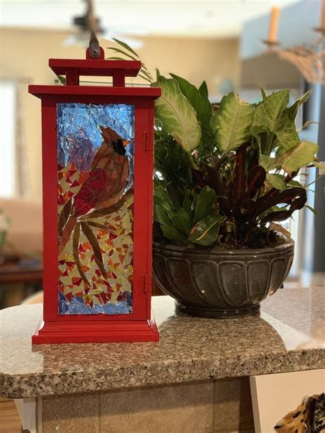 Stained Glass Mosaic Lantern 4 Seasons Of The Cardinal Etsy Stained Glass Mosaic Mosaic