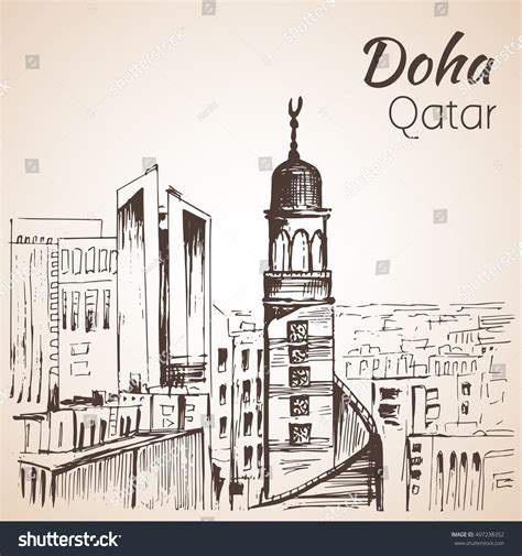 Doha Qatar City View Sketch Isolated Stock Vector Shutterstock