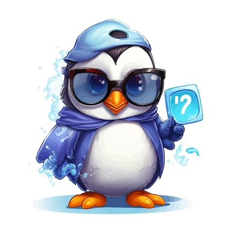 Una caricatura de un pingüino con sombrero azul y gafas Vector Premium