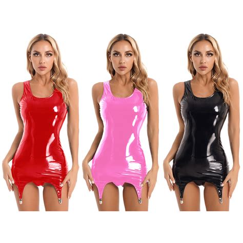 Uk Womens Latex Mini Dress Wet Look Patent Leather Bodycon Dress With