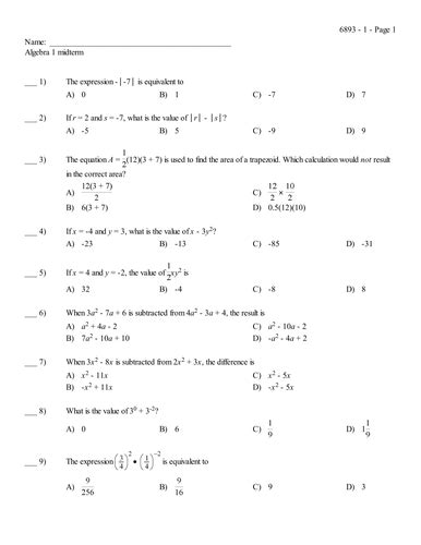 Algebra I Midterm Exam Teaching Resources