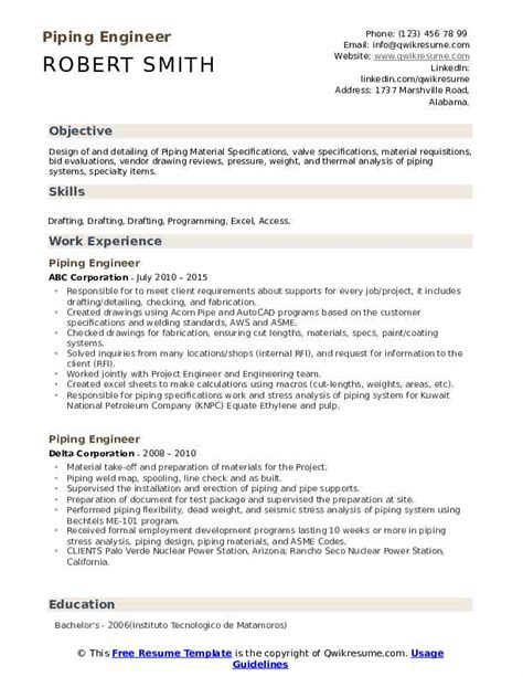 Piping Engineer Resume Samples Qwikresume