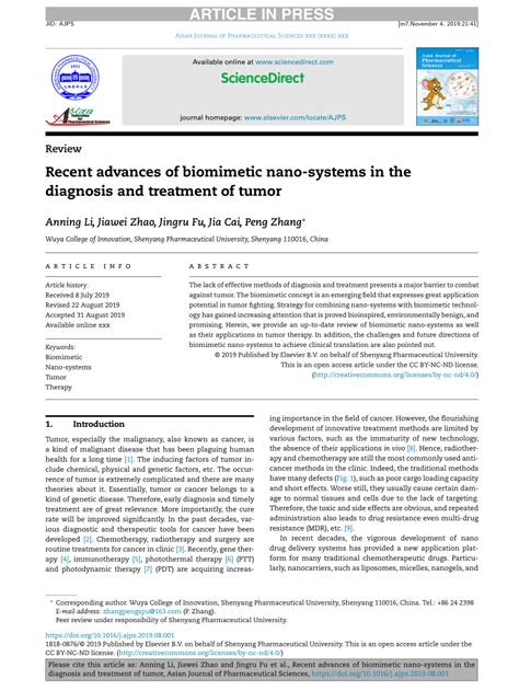 Pdf Recent Advances Of Biomimetic Nano Systems In The Diagnosis And Treatment Of Tumor