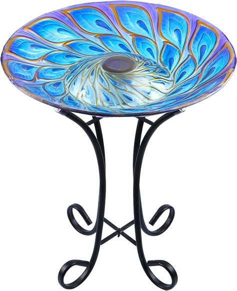 Mumtop Outdoor Glass Bird Bath Solar Birdbaths With Metal Stand For Lawn Yard Garden