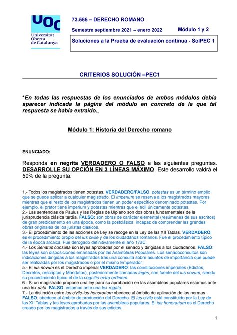 SOLPEC 1 2021 2022 Solución UD 1 y UD2 Derecho Romano UOC 73