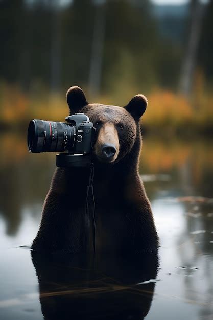 Un Oso Con Una Cámara En Un Lago Foto Premium