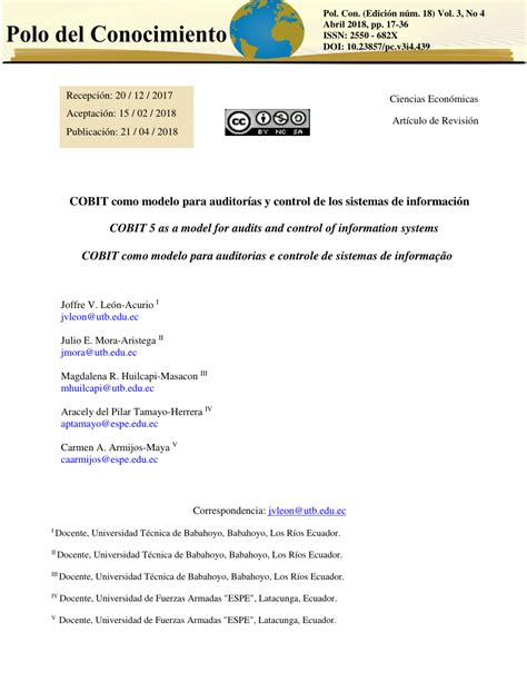 Pdf Cobit Como Modelo Para Auditor As Y Control De Los Sistemas De