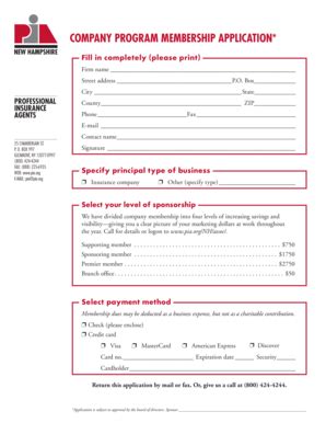 Fillable Online Pia COMPANY PROGRAM MEMBERSHIP BAPPLICATIONb PIA