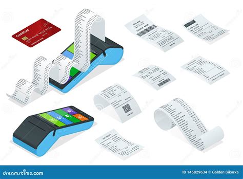 Isometric Set Of Payment Machine Or POS Terminal With Receipt Records