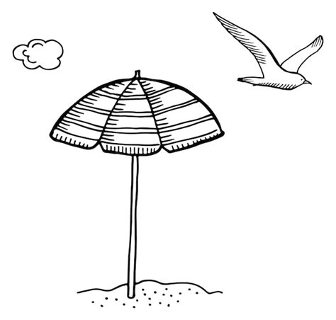 Parasol De Plage De Mer Et Dessin De Croquis De Mouette Volante