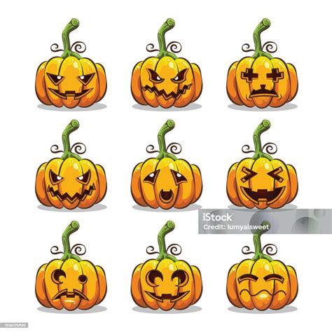 Set Of Halloween Scary Pumpkins Stock Illustration Download Image Now