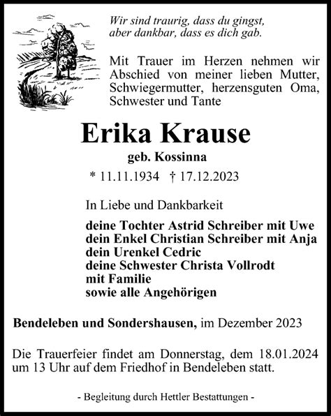 Traueranzeigen Von Erika Krause Trauer In Thueringen De