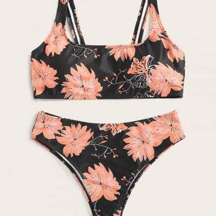 Swimwear U Neck Bandage Bikini Explosion Print Split Swimsuit Swimsuit Black On Luulla