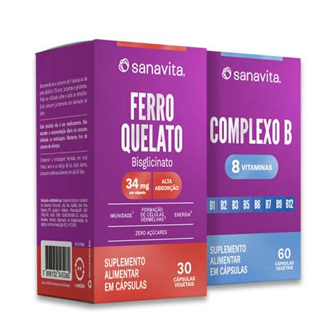 Combo Anemia Ferro Quelato 30 Cápsulas Complexo B 60 Cápsulas