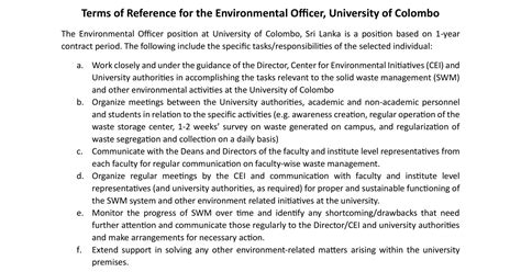 Environmental Officer University Of Colombo