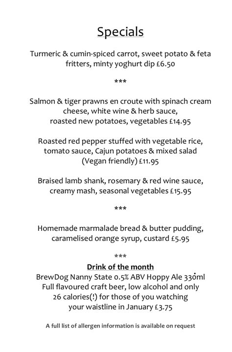 Happy New Specials Menu The Crown And Cushion