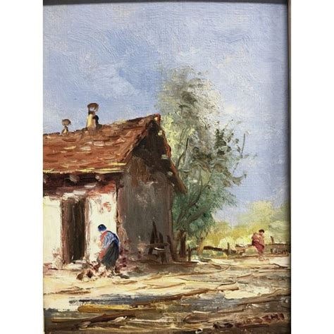 Coppia Quadro Dipinto Olio Brioschi Paesaggio Campagna Agreste Figure