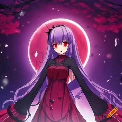 Anime girl in bloodmoon dress with purple hair and red eyes on Craiyon