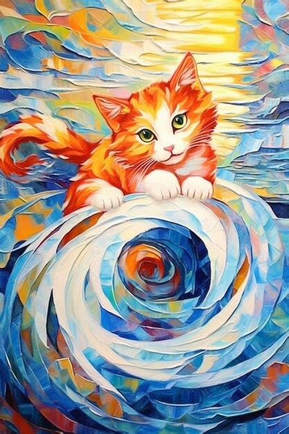 Pintura De Un Gato Sentado En Una Ola En Un Oc Ano Azul Ai Generativo