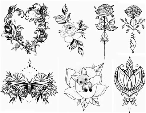 Some Flowers And Butterflies Are Drawn In Black Ink